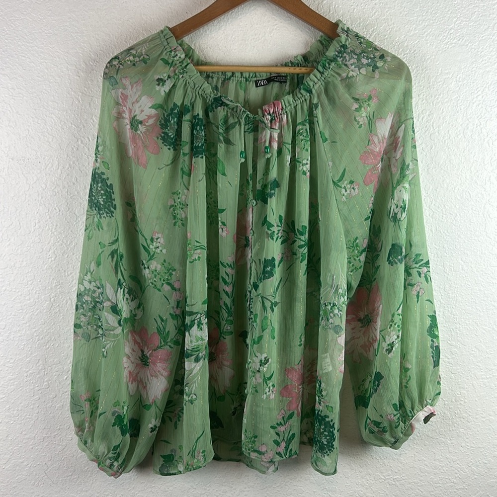 Zara floral metallic gold detail sheer button tie blouse M - Picture 2 of 11